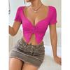 Women Sexy Twist Ruched Deep V Neck Short Sleeve Cropped Top