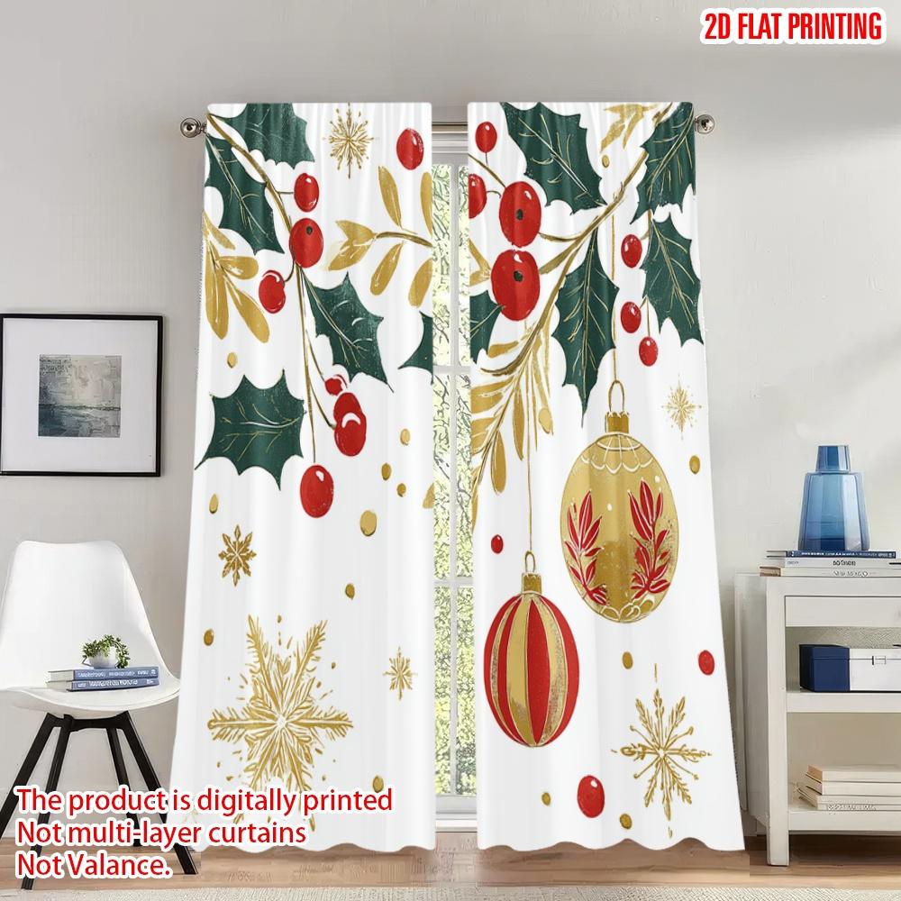 

Set Of 2 Flat Printing Christmas Hot Party Curtains Holly Berry Ornament Digital Printed Polyester Drapes Festive Wall Curtain W100*H70(CM)-Grommet top&2PCS