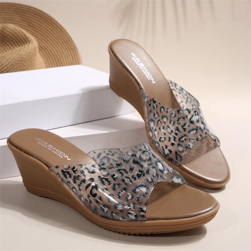 

Большой леопардовый узор Сандалии женские модные на танкетке с толстой подошвой Нескользящие тапочки на высоком каблуке Повседневная пляжная обувь Мюли 43