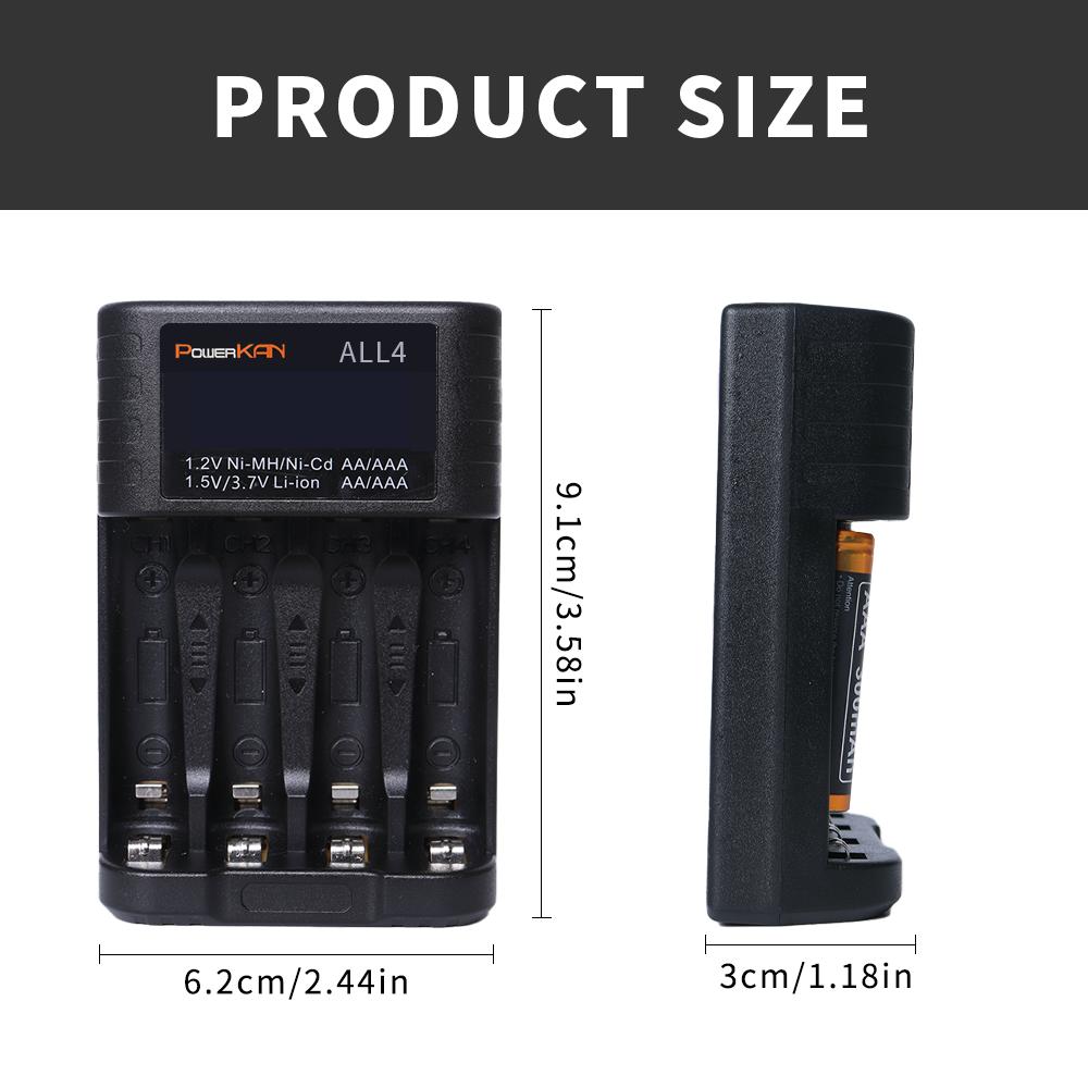 POWERKAN ALL4 AA/AAA 4-slot Small Convenient Battery Charger for 1.2V Hi-MH& 1.5V/3.7VLi-ion With LCD Screen