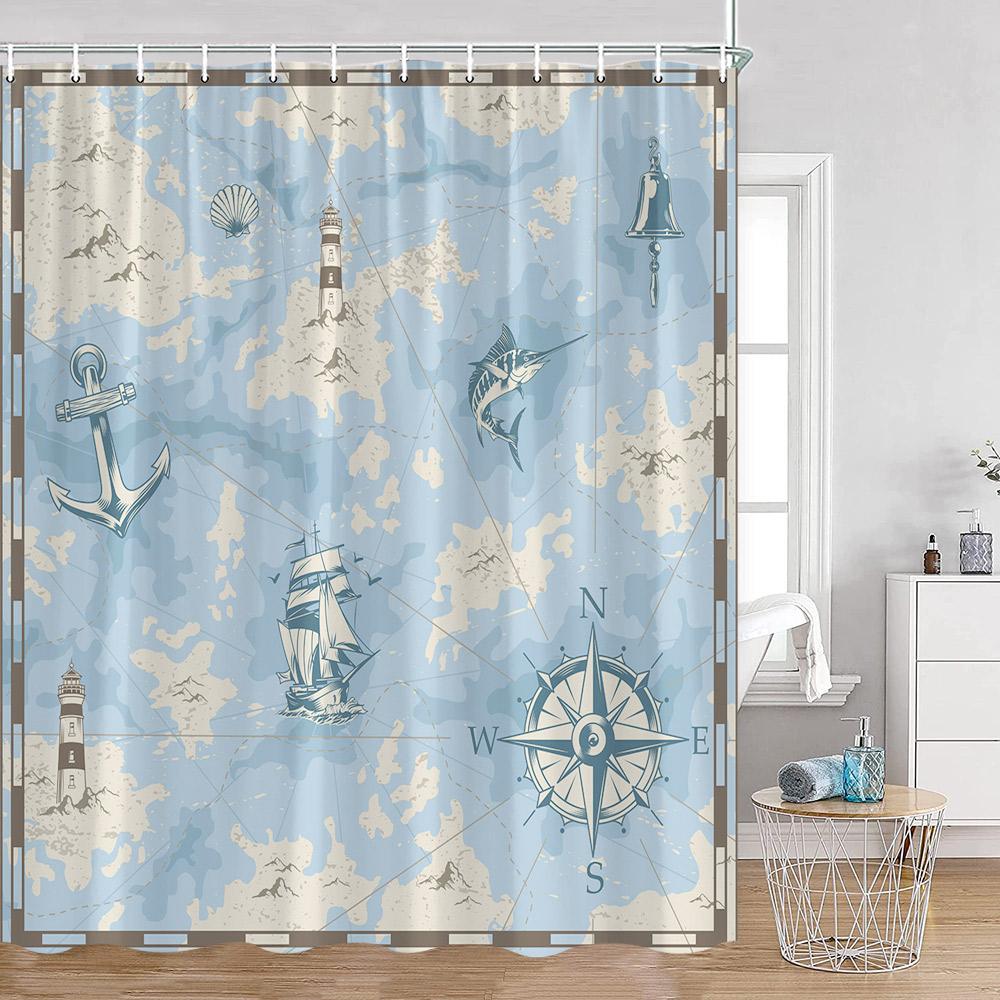 Nautical Cartoon Shower Curtain Lighthouse Sailboat Compass Adventure Treasure Map Bathroom Decor Kids Polyester Bath Curtain