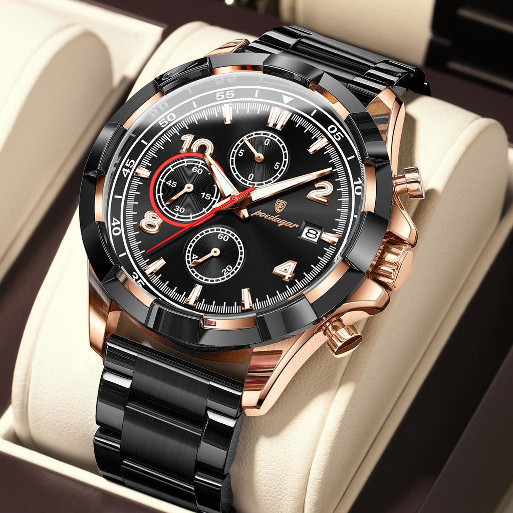 POEDAGAR Fashion Men's Wristwatch Luminous Waterproof Stainless Steel Man Watch Chronograph Date Business Quartz Watches For Men