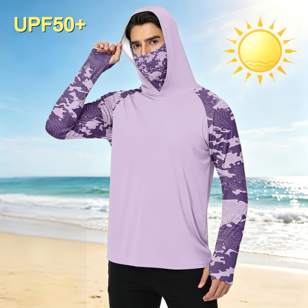 Men's Casual Outdoor Camouflage Print Hooded Long Sleeve Sun Protection Shirt Lightweight Quick Dry Breathable Fabric
