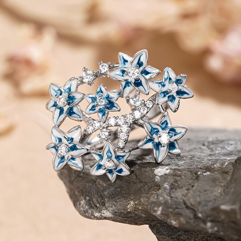 Huitan Aesthetic Blue Flower Women Ring Charming Accessories Inlaid Shiny CZ Party Anniversary Fresh Style Female Jewelry Gift