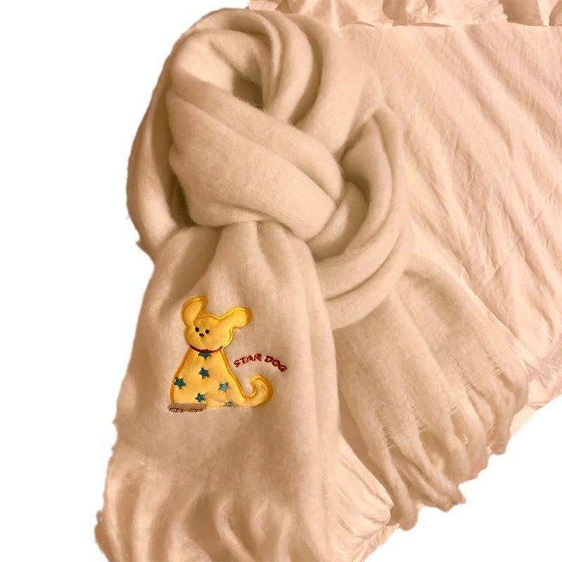 Cute Puppy Embroidered Blue Knitted Scarf for Women Autumn and Winter Korean Atmosphere Warm Neck Scarf