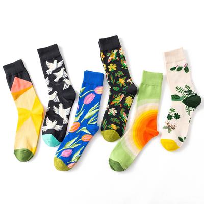 Móda Pánske ponožky Česané bavlnené ponožky Kreslené zviera Vták Kvet Geometrické Novelty Crew Socks