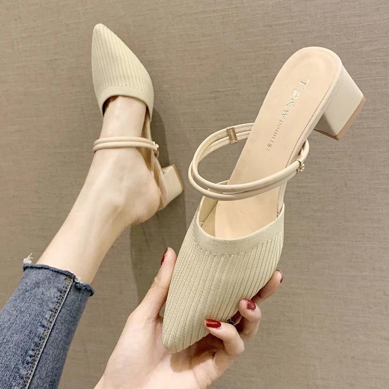 Fashion Summer New Women Pointed Toe Fashion Two-wear Comfortable Sandals Female Thick Heel Sexy Elegant Slippers Ladies Slides Shoes