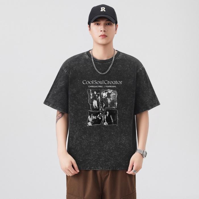 

2026 Men s Retro Snowflake Print Heavyweight Round Neck Loose Short Sleeve T-shirt XL