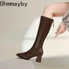 Winter Fashion Thick Heel Women Mordern Long Metal Pointed Toe Short Plush Female Banquet Party Knee High Top Booties