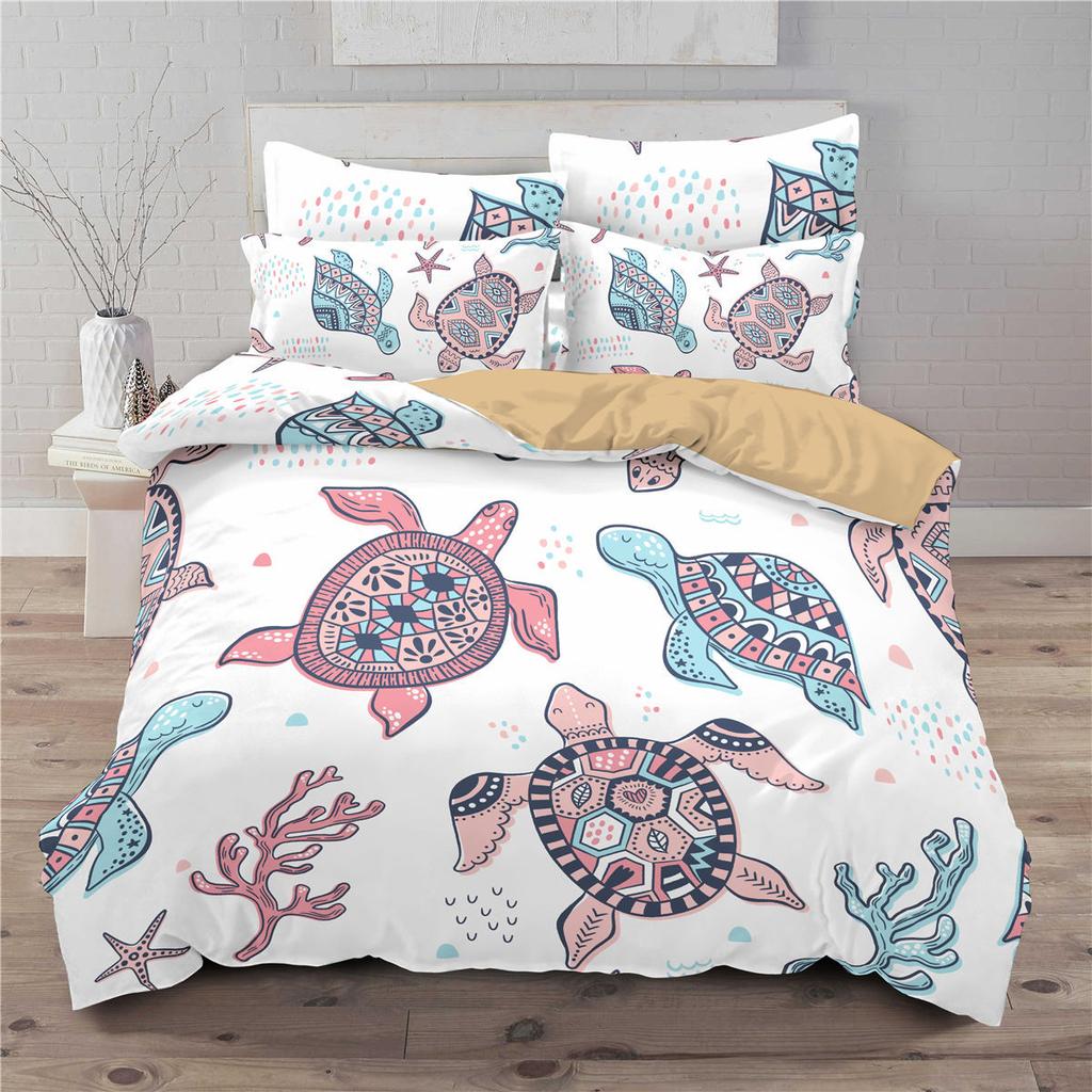 Sea Turtle Duvet Cover Queen Size Boy Beach Turtle Comforter Cover Polyester 2/3pcs Teal Aqua Blue Abstract Tortoise Bedding Set