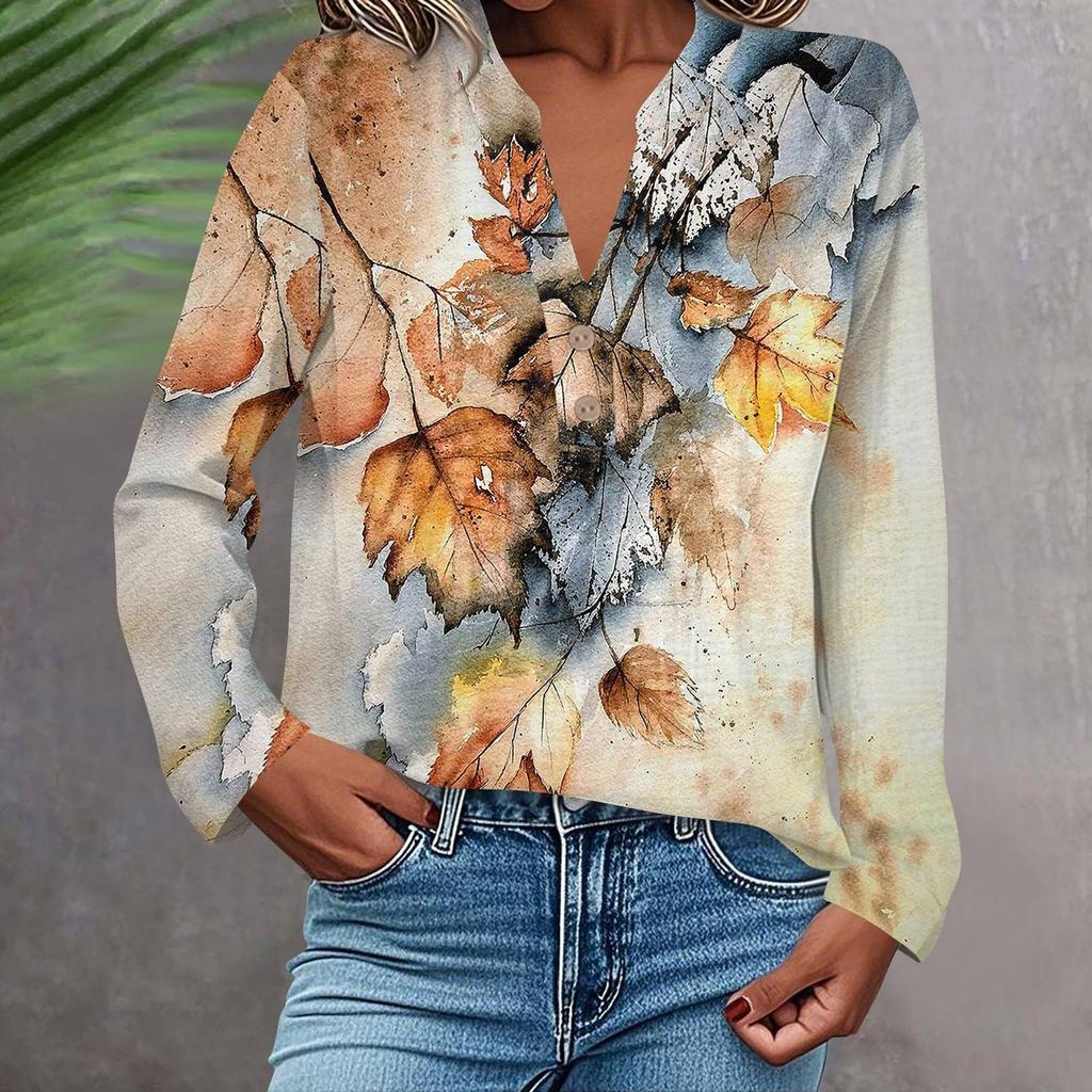 Camisa de Moda y Casual para Mujer Manga Larga Cuello en V Botones Estampada Blusa Top