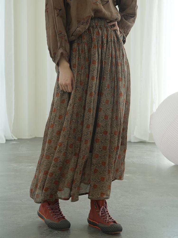 Johnature Dámské vintage potisk květinové ramie sukně elastický pas letní volné měkké vysoce kvalitní dámské sukně