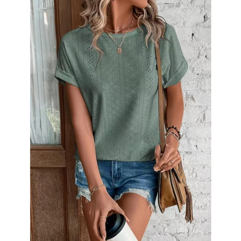 Spring and Summer Round Neck Hollow Out Women Blouse New Loose Short Sleeved T-shirt Solid Color Casual Simple Top Sweet Shirts Ladies Clothing