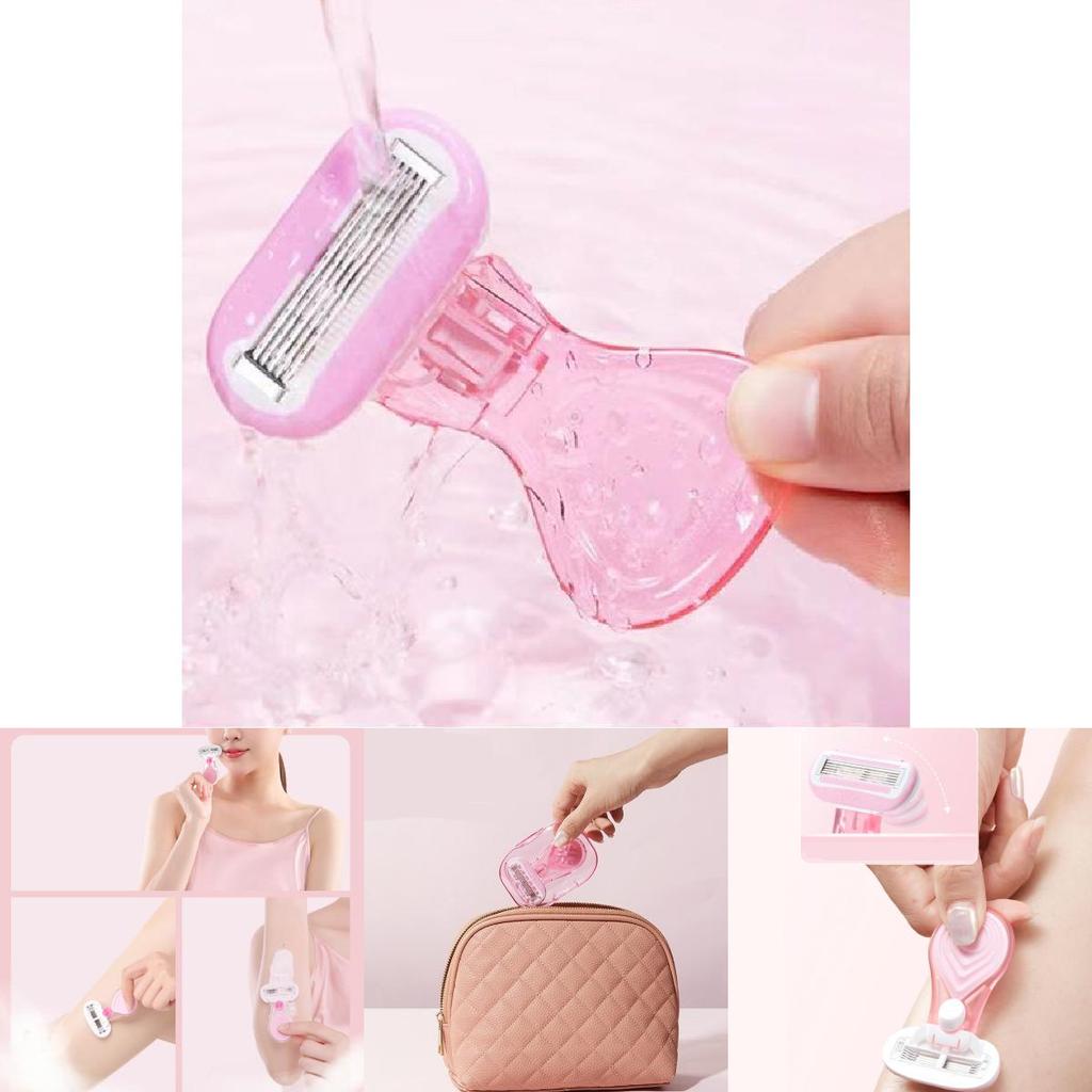 Manual Women's Razor With Five-blade Technology In Peach Pink Short Handle Includes One Razor Handle One Blade Head And Storage Case
