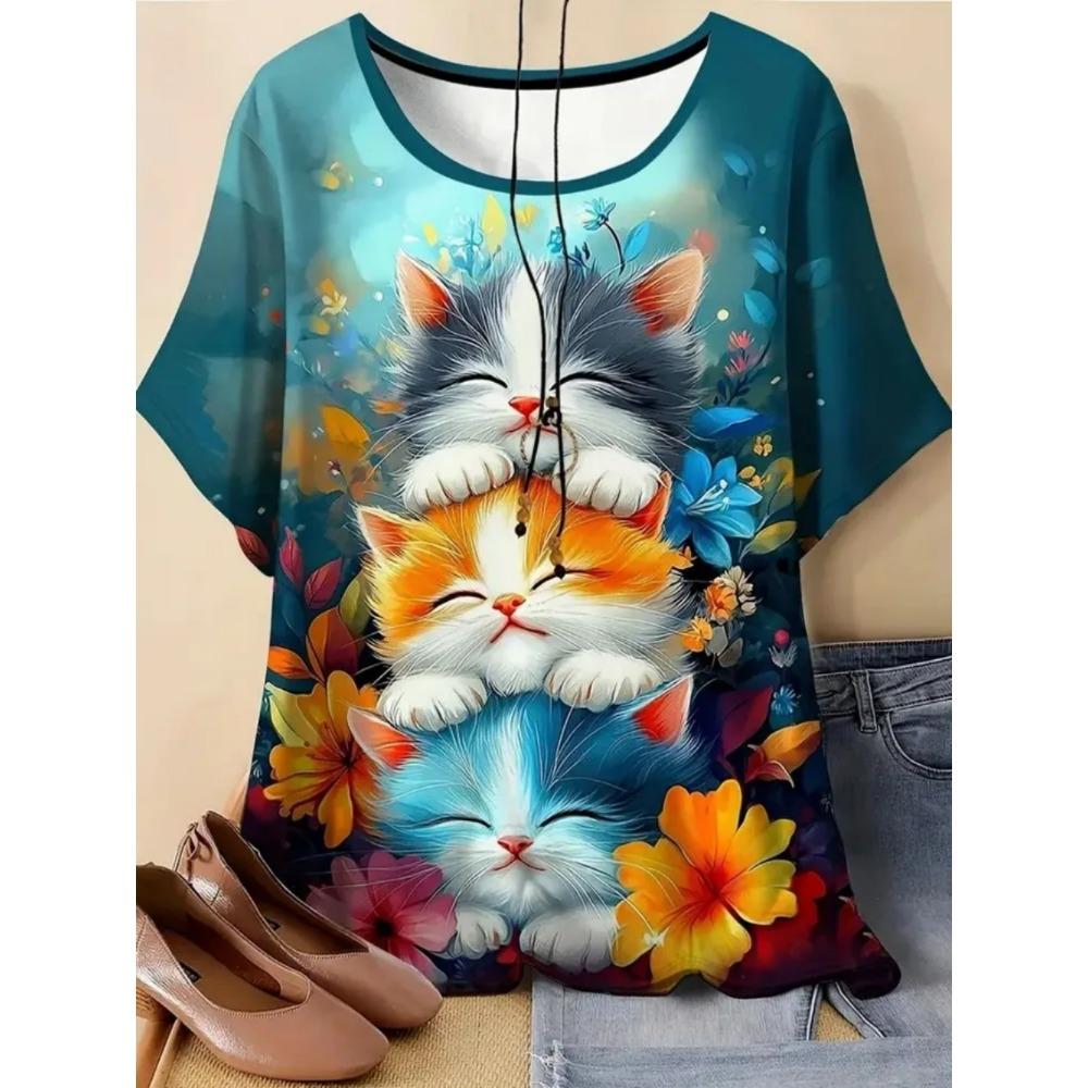 Ladies Fashionable Comfortable T-shirt Interesting Animal Patterns Loose Breathable Large Size Short Sleeved T-shirt