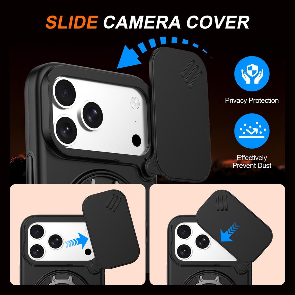 Sliding Camera Lens Protection Armor Case For iPhone 13 14 15 16 Plus Air 17 Pro Max Metal Ring Stand TPU Frame Plastic Cover