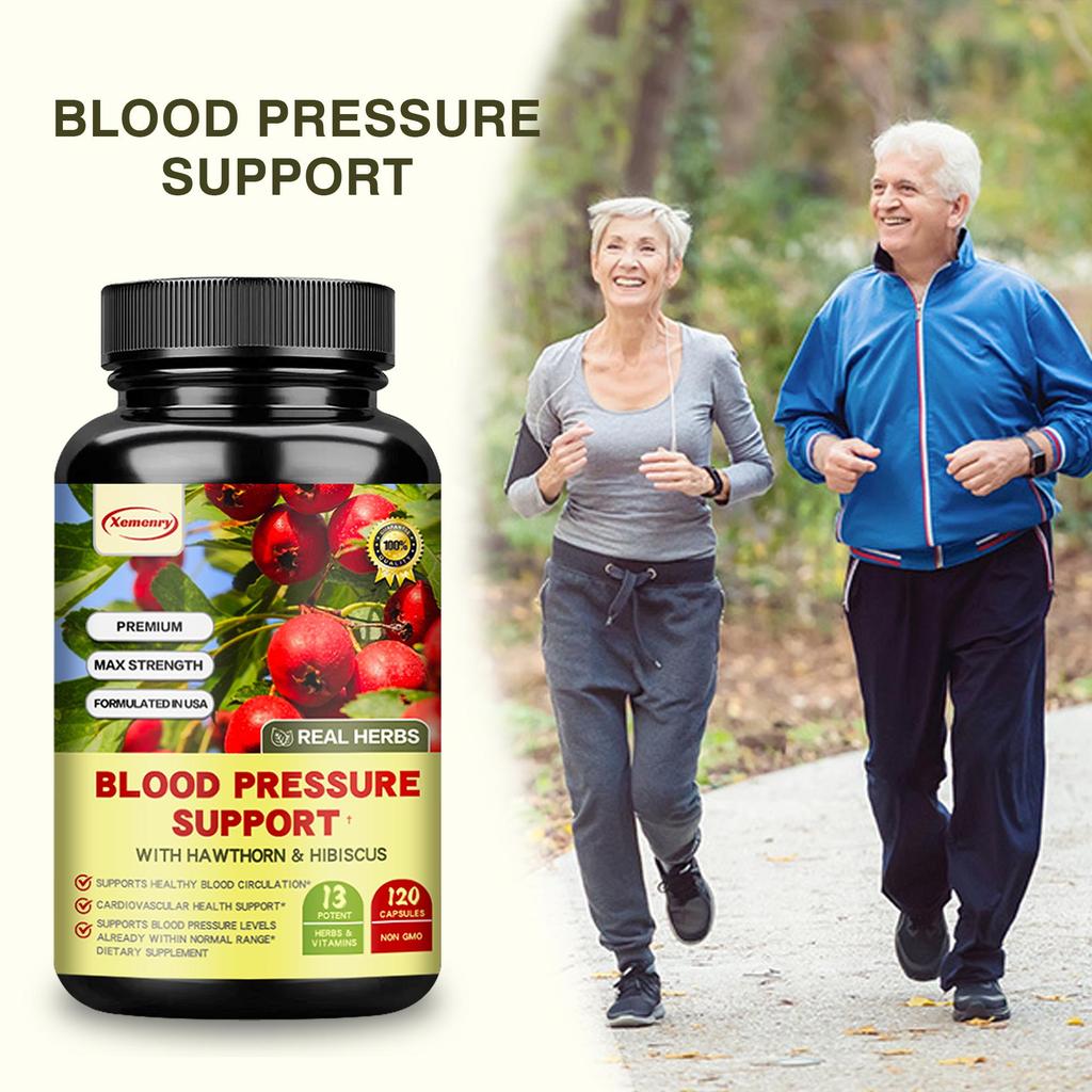 Capsule premium per il supporto della pressione sanguigna, contenenti biancospino e fiore di ibisco, promuovono una sana circolazione sanguigna, 120 capsule per confezione.