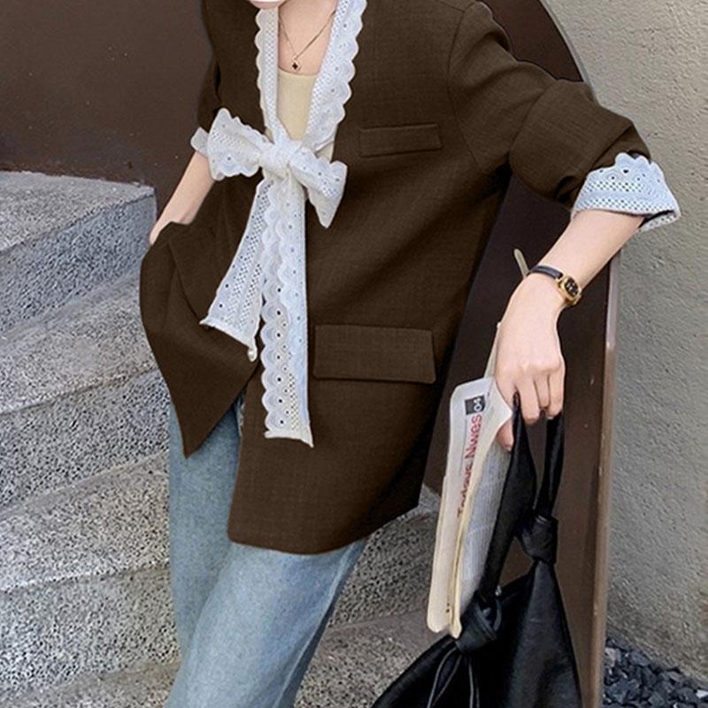 VONDA Women V-Neck Bow Lace Patchwork Long Sleeve Button Thin Cardigan Blazer