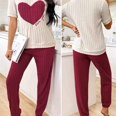 2 Pcs/Set Women Winter Pajamas Set Round Neck Heart Pattern Short Sleeve Homewear Top Pants Set Loose Loungewear Lady Nightwear Set