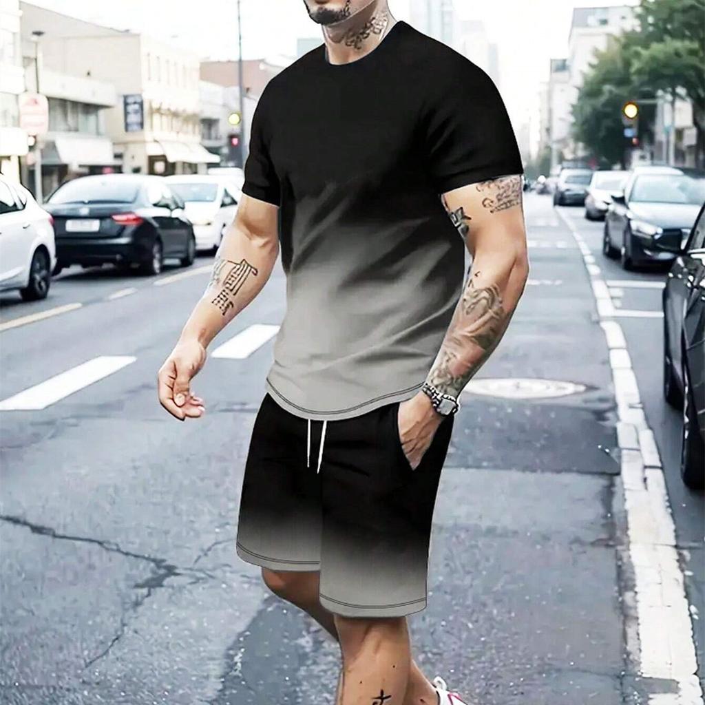 Manfinity Homme Pánske Letné Farebné Blokové Potlačené Ležérne Tričko s Krátkym Rukávom a Okrúhlym Výstrihom a Šortky so Sťahovacou Šnúrkou