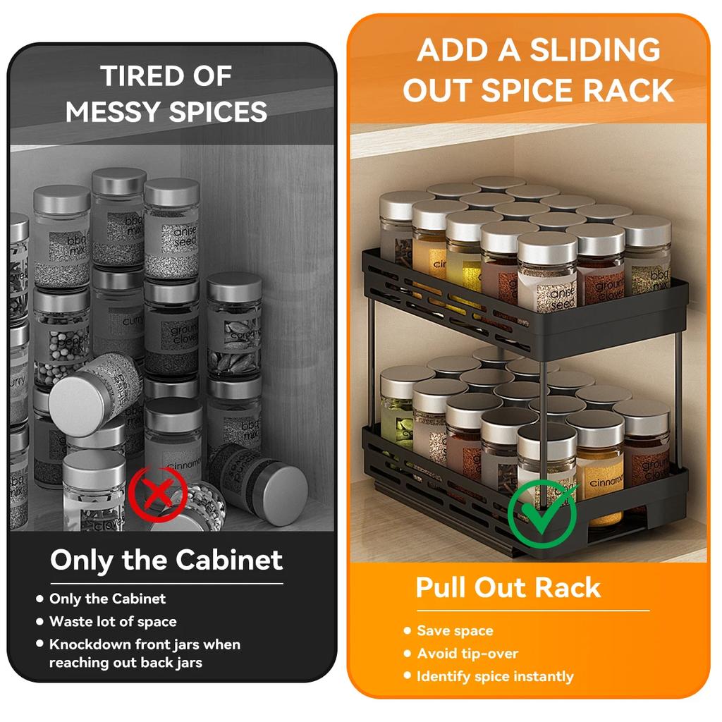 2 Tier Seasoning Bottle Sliding Storage Rack Cabinet Multipurpose Drawer Organizer Shelf Plastic Kitchenware Spice Rack