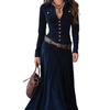 Neues langärmeliges Kleid mit V-Ausschnitt im literarischen Stil für Damen mit Gürtel