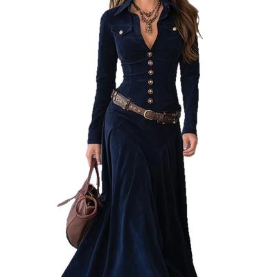 New Long-Sleeved Literary Temperament V-Neck Dress For Women With Belt