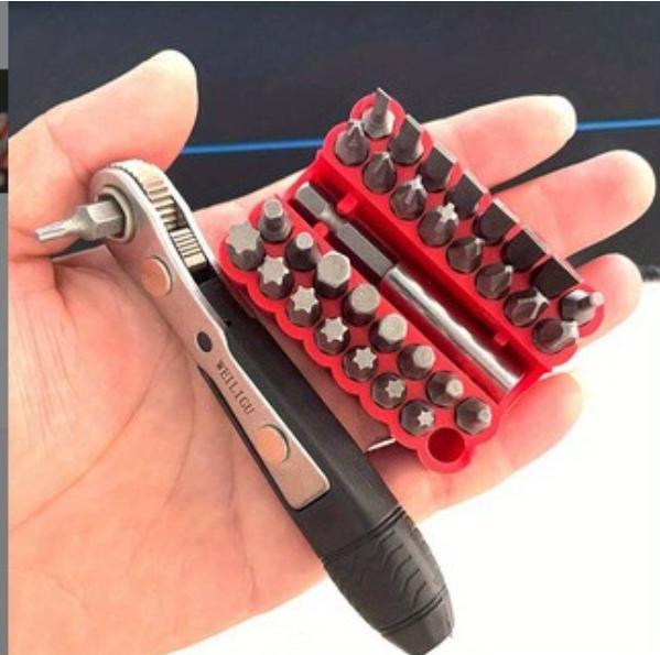 34PCS Double Head Mini Ratchet Wrench Kit with 1 Straight or Curved Handle Flat Phillips Screwdrivers Hex Torx Drill Bits
