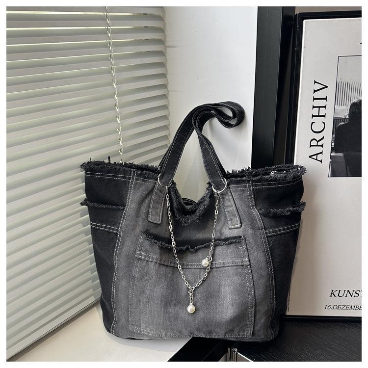 

2026 Korean Style Washed Denim Large Capacity Chain Tote Hobo Shoulder Bag Women Casual Lazy Commuter School Handbag чёрный