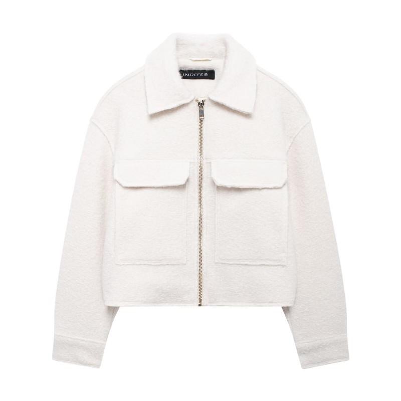 Womens Short Wool-Blend Jacket With Lapel Collar Zip Front Pockets Casual Chic Outerwear 2026