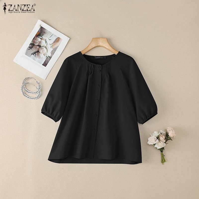 ZANZEA Damen Lässige Runde Halslinie Halbarm Locker Einfarbig Bluse