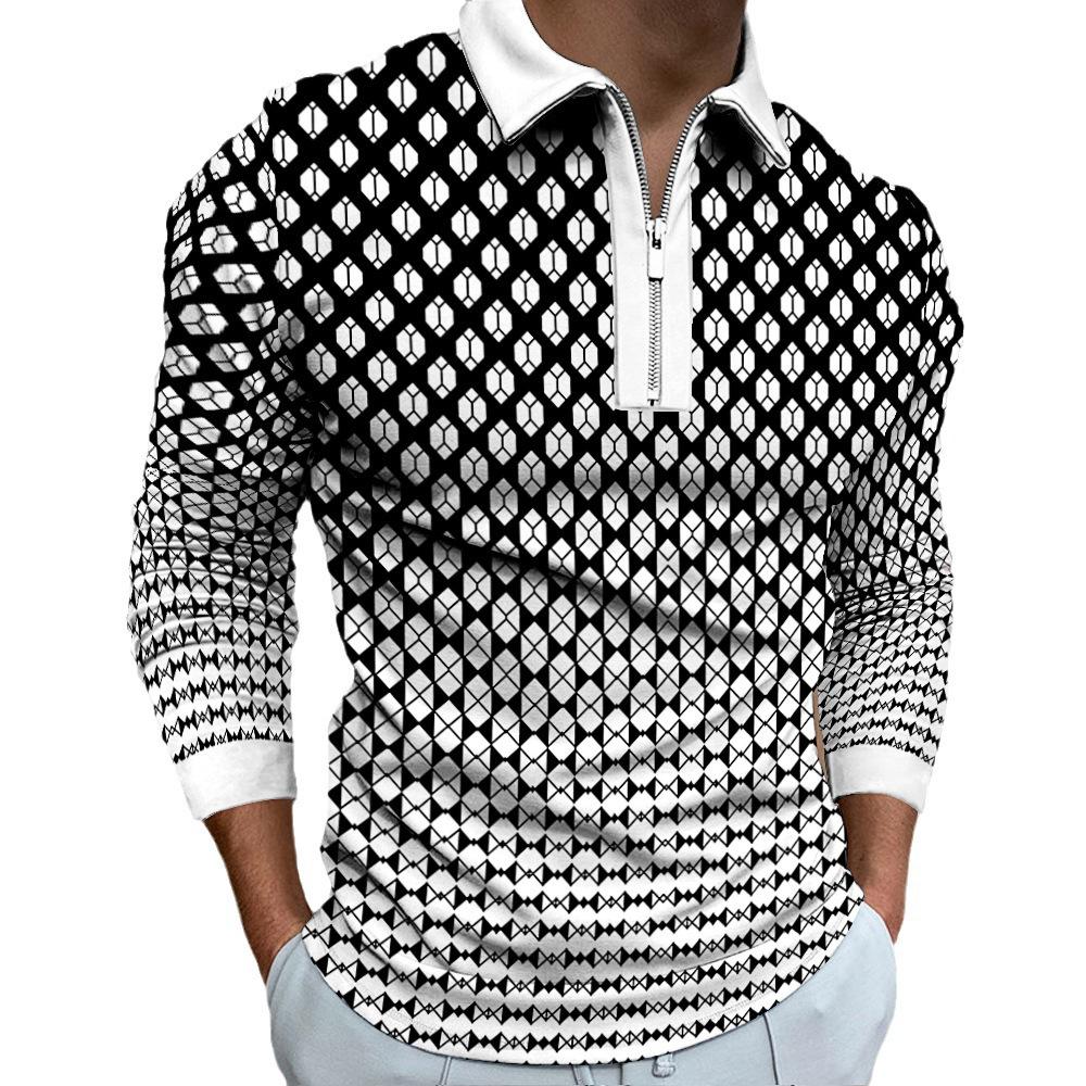 Men's Polo Shirt Autumn and Winter New Digital Printing T-shirt Casual Retro Long-sleeved Sweatshirt