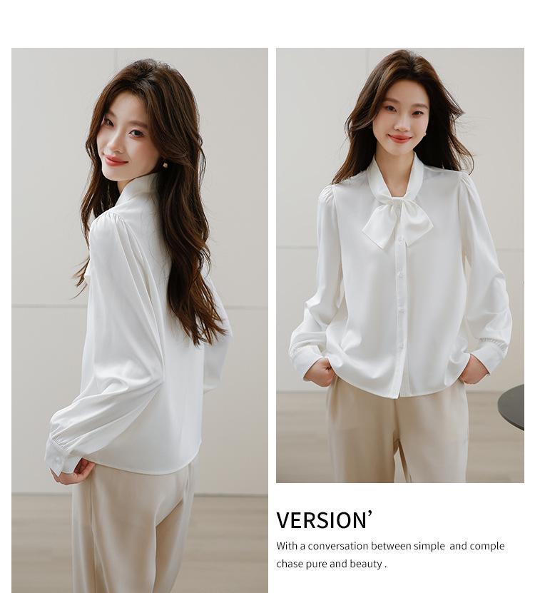 Chic Women's Long Sleeve Bow Tie Shirt - 2026 Spring French Silk Layered Top