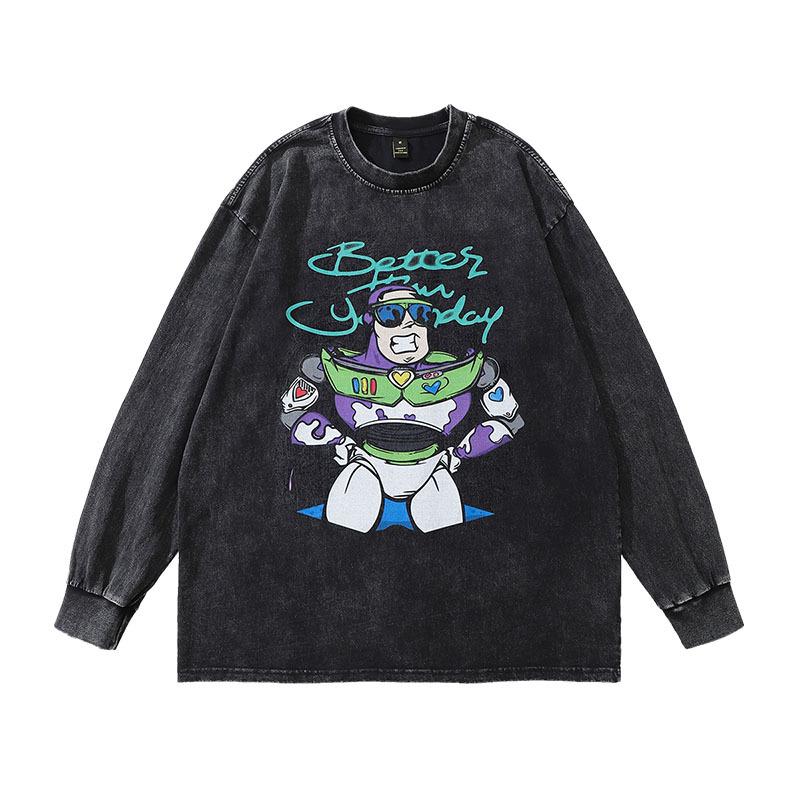 European And American Hip Hop Retro Old Long-Sleeved T-Shirt Men And Women Oversize Street Trendy Brand Couple Vintage Base