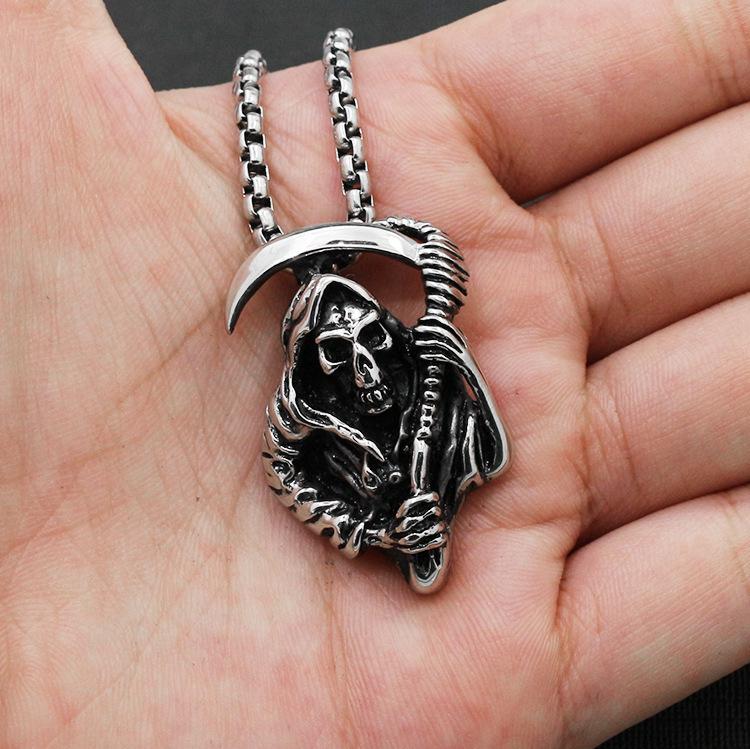 2023 Japanese & Korean Skull Scythe Pendant Necklace - Titanium Steel Punk Style for Men