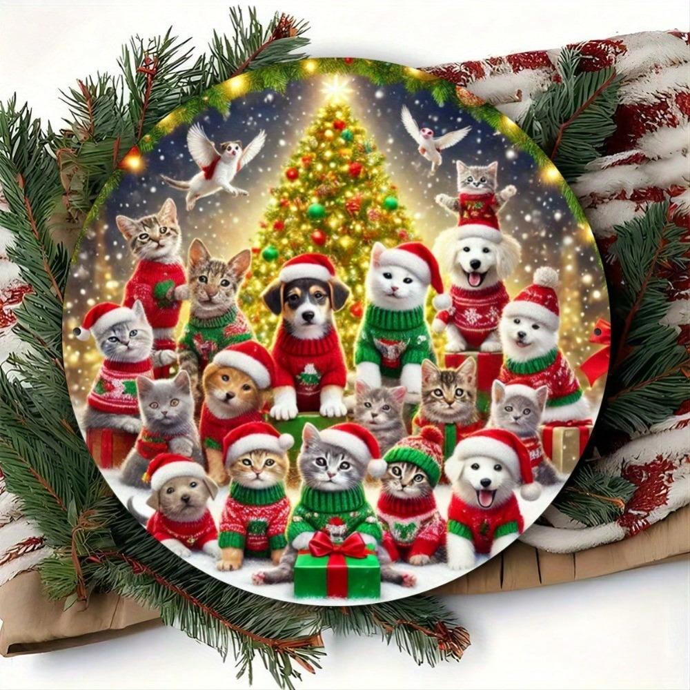 Vintage Round Cat Dog Christmas Wreath Iron Wall Sign 8x8 Inch Home Decor Gift