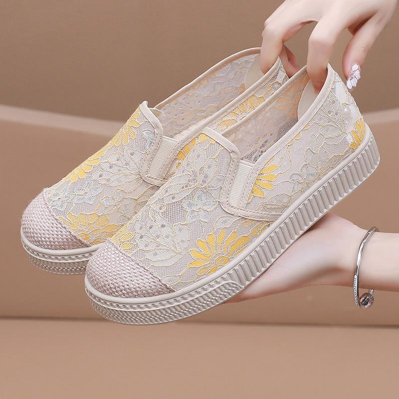 Women's Shoes Summer New Lace Hollow Fabric Casual Shoes Slip On Lightweight Breathable Shoes