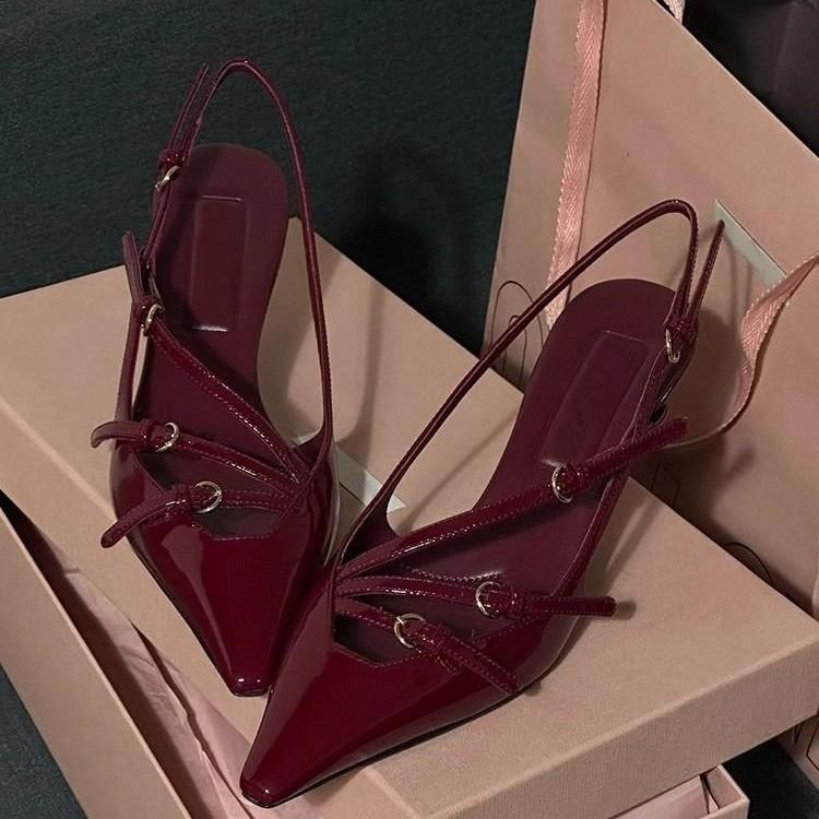 One word with thin heel small square head high heel sandals burgundy bag head fashion European and American temperament high heels