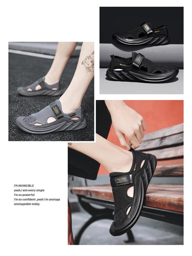 Men's 2024 Summer Genuine Leather Mesh Sandals - Breathable Soft Sole Casual Beach Shoes