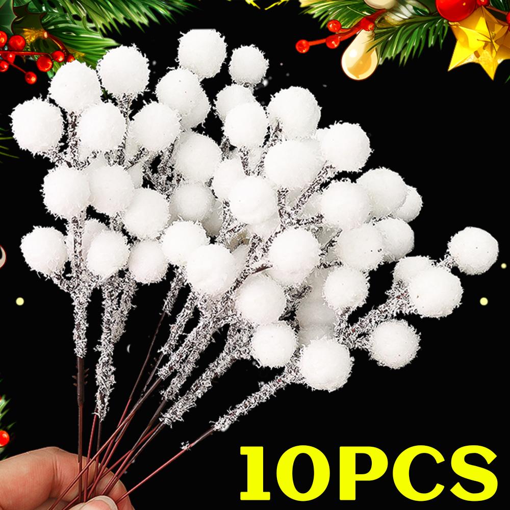 100/5PCS Christmas White Berries Flower Fake Plant Artificial Snow Tipped Berry Branches Holly Twig Stem Stamen Wreath Ornaments
