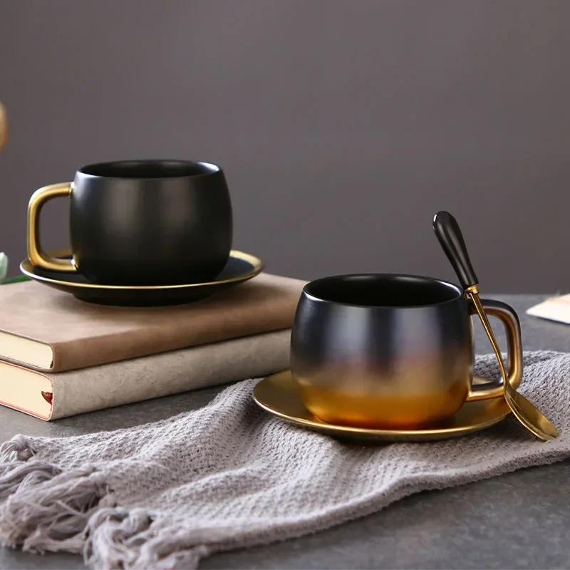 280ml Luxury Black Gold Marble Ceramic Coffee Cup Concentrated Tea Juice Breakfast Milk Cup with Plate Spoon Set Tea Set