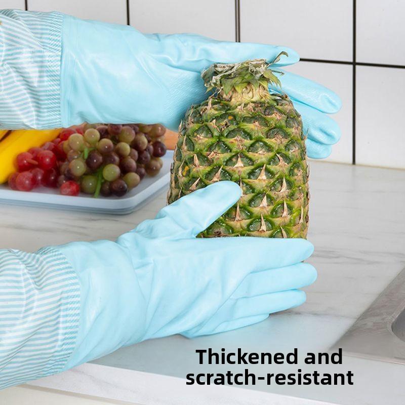 1 Paar Modische Gestreifte Gummihandschuhe Saum Plus Samt Warm Hausarbeitshandschuhe Küche Geschirr Spülen Wasserdichte Reinigungshandschuhe