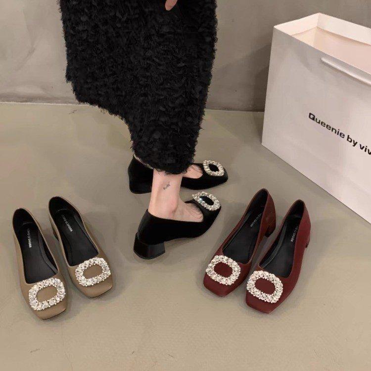 French Medium High Heel Black Square Head Rhinestone Single Shoes Women's Shoes 2025 New Autumn and Winter Red Wedding Shoes Evening Shoes