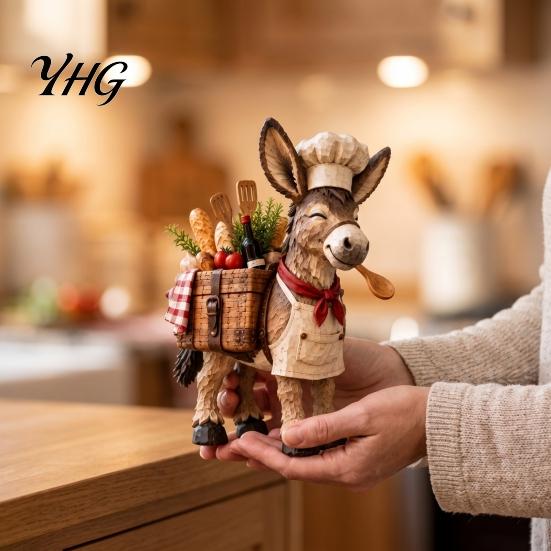 Vintage Retro Keepsake Little Chef Donkey Figurine, Rustic Kitchen Animal Statue, Farmhouse Resin Sculpture Meaningful Housewarming Gift with