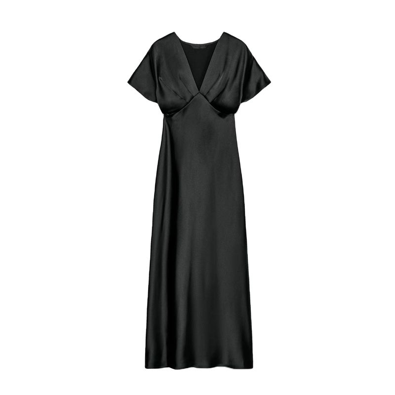 Spring New Women's Clothing French Style Elegance Silk Satin Texture Short Sleeve V-neck Midi Skirt Dress 2330399