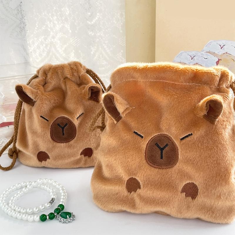 Unique Capybara Plush Cosmetic Pouch Large Capacity Drawstring Storage Bag Festival Gift Bags for Travel and Daily Use