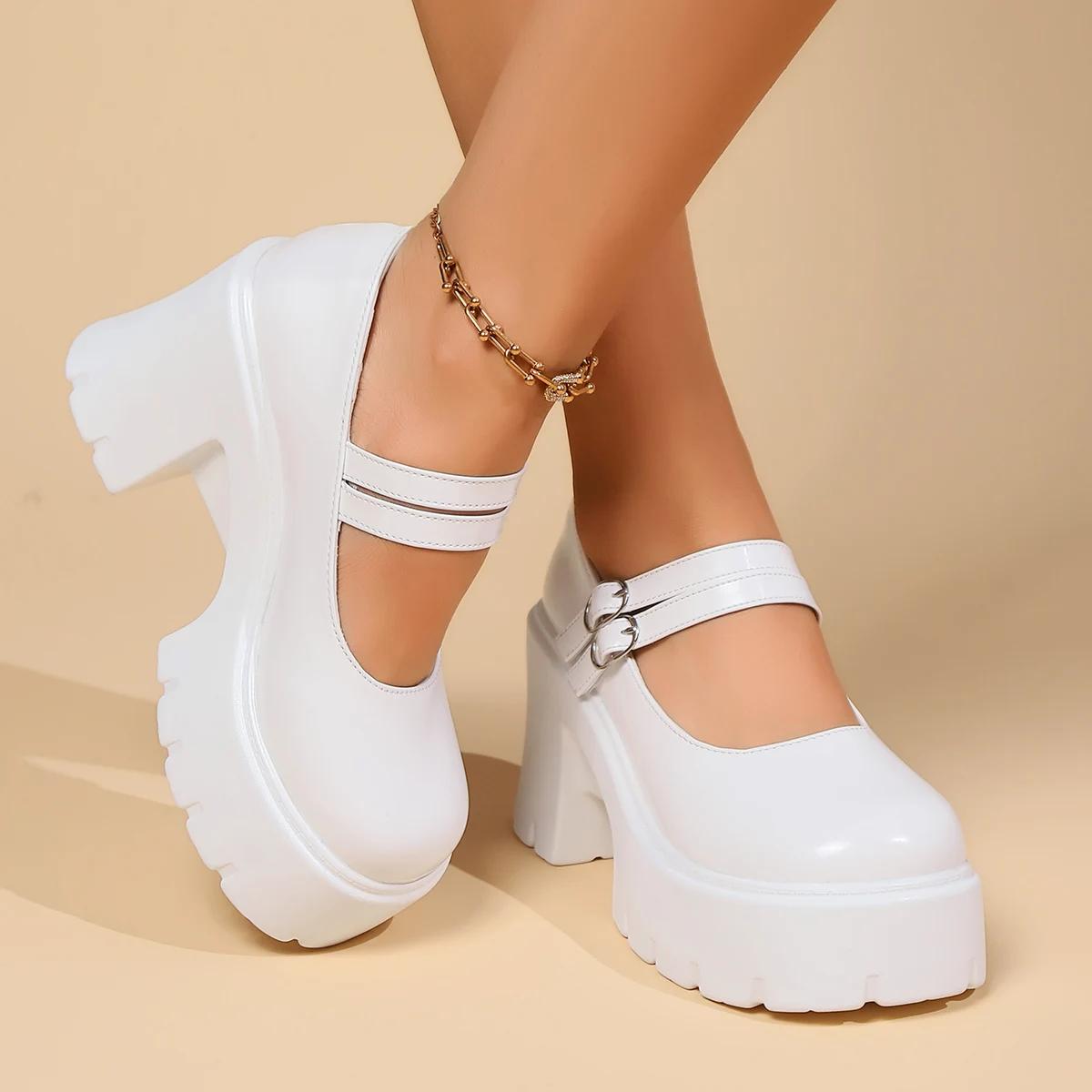 Double Buckle Chunky Platform Shoes Woman Super High Heels Ankle Strap Pumps Women Spring 2025 Plus Size Lotita Shoes 35 белый 4094₽