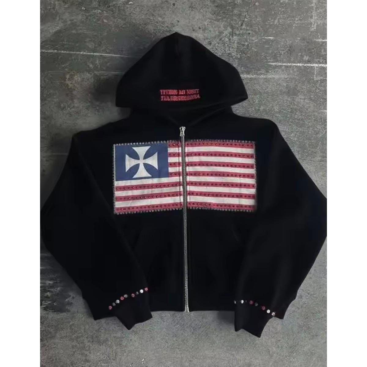 

Американская мода уличная одежда готический флаг стразы вышитая молния толстовка с капюшоном Y2k сращивание большой свободный хлопковый свитшот XL чёрный