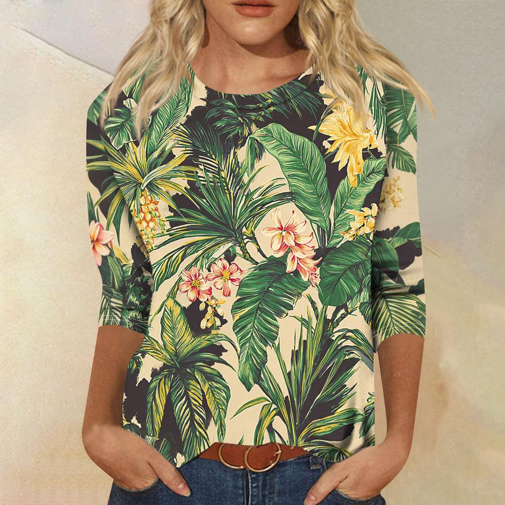 Women's Fashionable Casual Round Neck Three-Quarter Sleeve Printed T-Shirt Top
