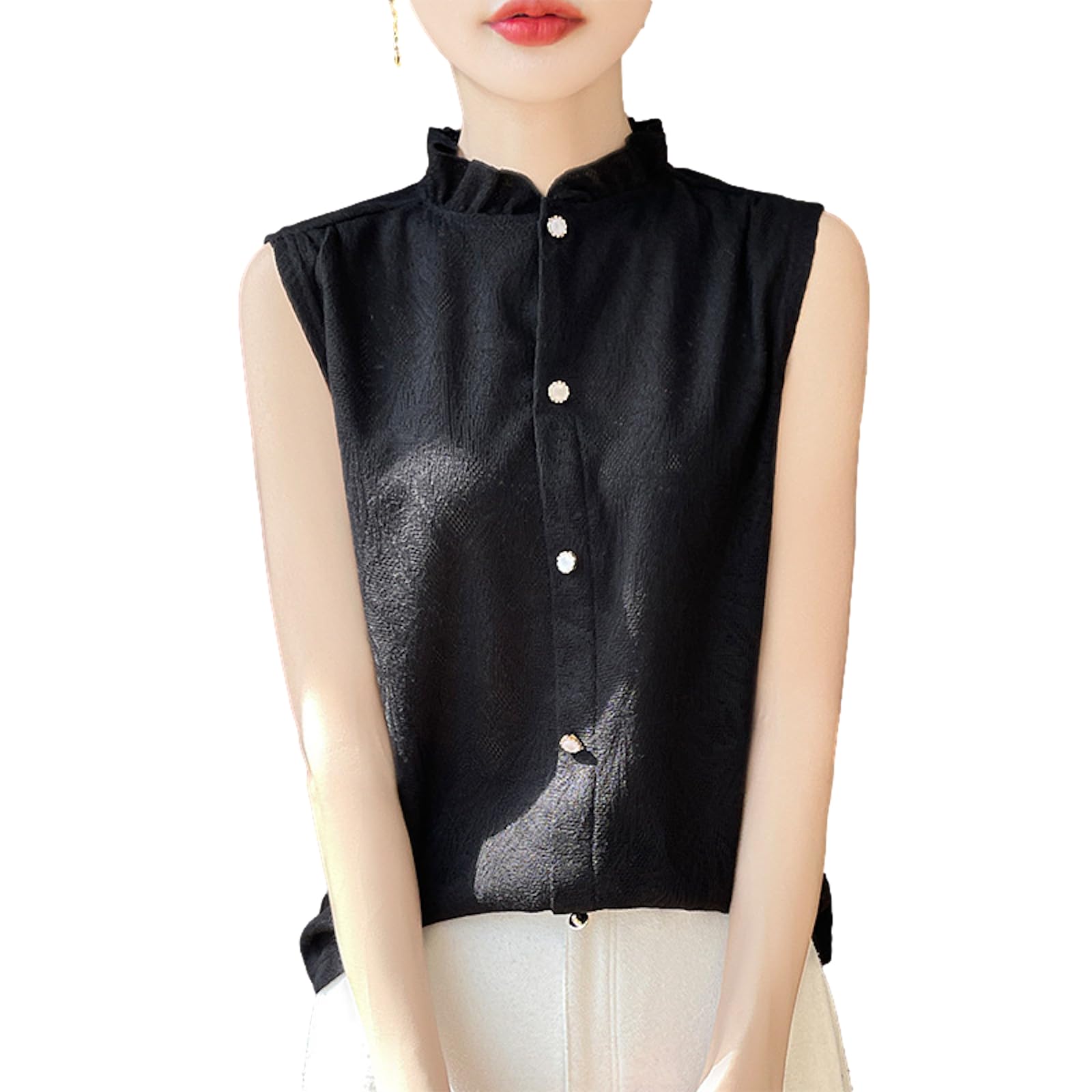 

Frill neck sleeveless cute [Haveri] blouse, pretty, office, casual, adult, women, girls, frill, stand-up collar, top, elegant, commute, OL, cool, чёрный